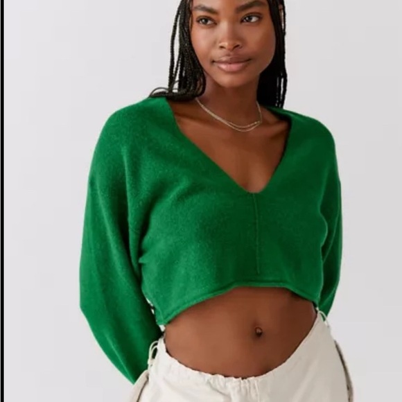 Urban Outfitters x BDG Green V-Neck Cropped/Off the Shoulder Sweater - Picture 1 of 6